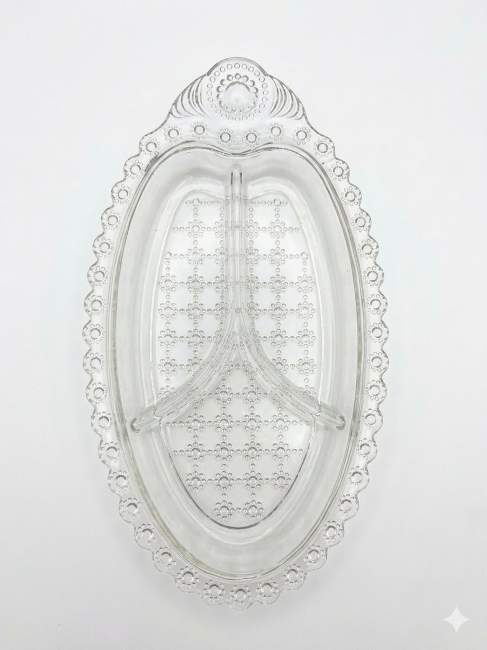 Hazel Atlas 3 Section Relish Dish Jewel Dot Grid Pattern 1950s Clear Glass